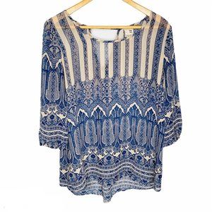 Pink Owl Boho Blue & Tan Sheer Top Size Medium